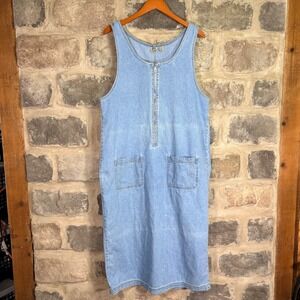 VTG North West Blue Denim Jumper Dress XL Light Wash Zip Front Sleeveless Midi